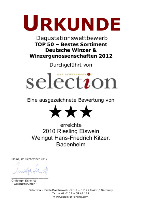 2010 rieslingeiswein selection urkunde