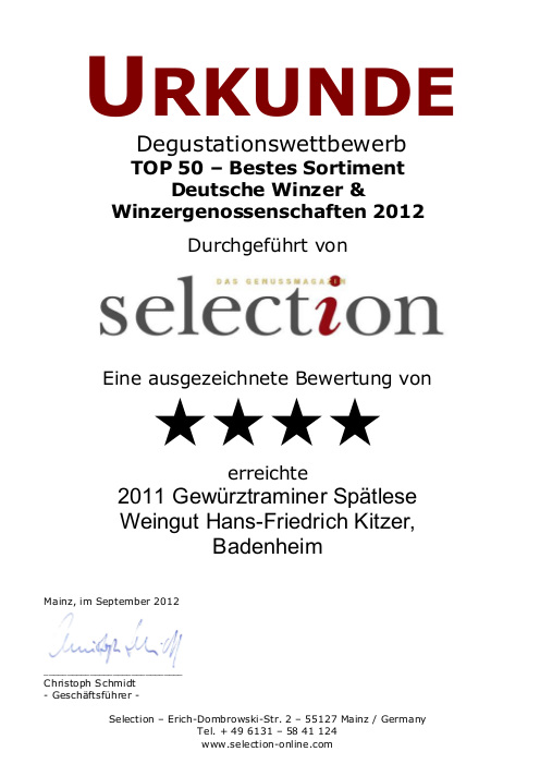 2011 gewuerttraminer spaetlese selection urkunde